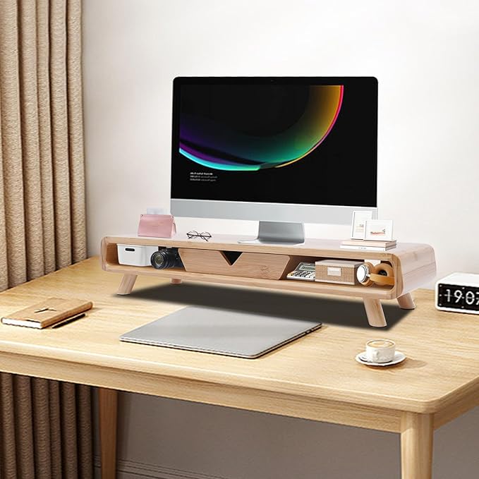 Monitor Stand,Bamboo Monitor Stand Riser with Drawer,Desk Shelf for PC Computer Monitor, Laptops, Printer, Speakers,No Assembly Required,Ergonomic Height