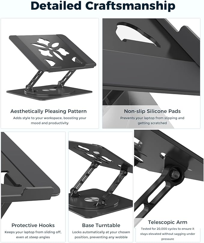 Adjustable Laptop Stand for Desk - Portable Laptop Riser with Rotating Base, Foldable Aluminum Computer Stand, Ergonomic Laptop Holder for MacBook Pro/Air Dell HP Notebook up to 15.6",Gold