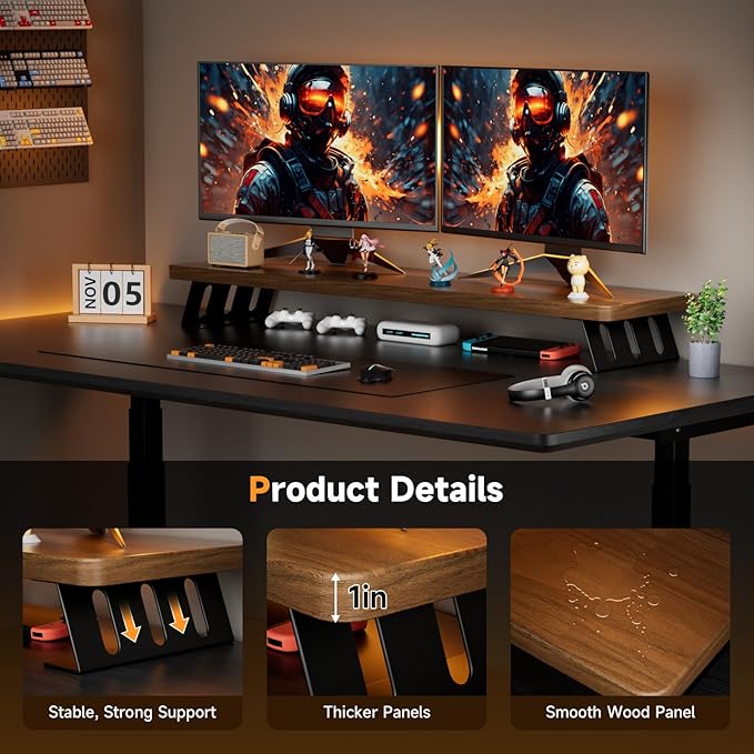 Dual Monitor Stand Riser, 39 Inch Large Wood Monitor Stands for 2 Monitors, Desk Monitor Riser for Computer/Laptop/Printer/TV, Stand Riser up to 220 lbs