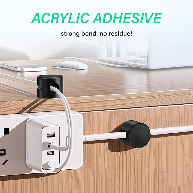 Cable Organizer Clips, 6 Pack Adhesive Cable Management Holders with Double-Sided Tape, Non-Rotating Cord Organizer for Desk, Office, Home to Tidy Charging Cables, Computer Wires (Black)