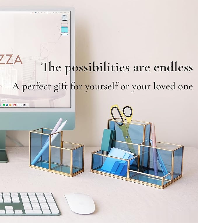 FONDAZZA 5-Compartment Desk Organizer for Home Office Supplies, Gold Brass with Blue Glass, Workspace Storage for Stationery, Cosmetic, Makeup Tools and Brush.