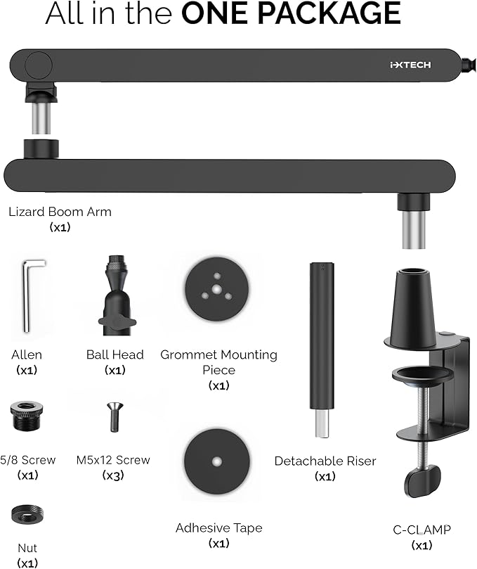 IXTECH Mic Arm Desk Mount, Low Profile 360° Swivel Mic Boom Arm, Adjustable Microphone Arm with Detachable Rise Column and Built-In Cable Management for Streaming and Recording.