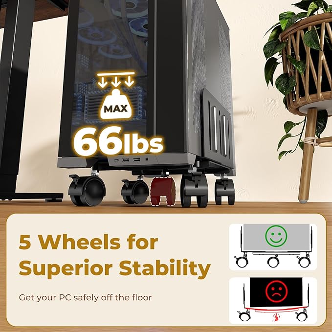 JOY worker Computer Tower Stand, 4.9 to 13.9 inch Wide Adjustable Mobile PC Cart with 5 Wheels, Steel Tower Floor Stand Holds Up to 66 lbs, Rolling Gaming CPU Holder Under Desk, Black
