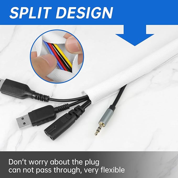 Split Braided Cable Sleeve，Flexible Wire Loom Tubing, Automotive Cord Protector Pet Proof, Cable Management for Computer TV Electric Wires Harness 16ft (White, 30mm（1-3/16")