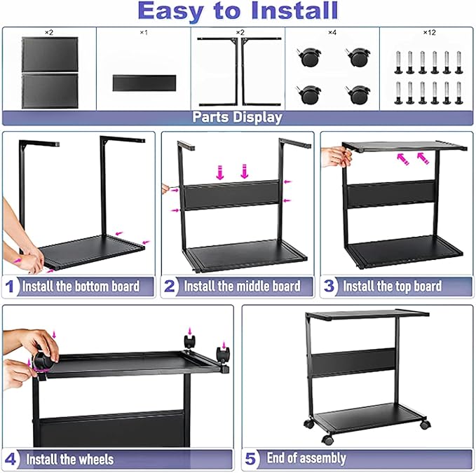 PC Stand Computer Tower Stand 2-Tier Metal CPU Holder with Locking Caster Wheels Suitable for Most PC (Black, L)