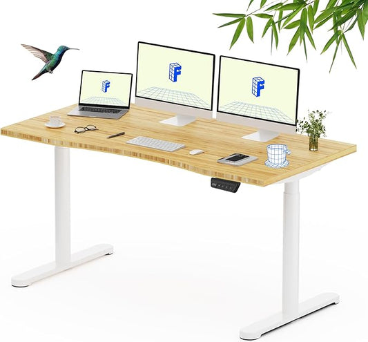 FLEXISPOT Bamboo Electric Standing Desk with Elegant Oval Legs & Curved Desktop, 60"x30" Height Adjustable Desk for Home Office & Living Spaces, White Frame