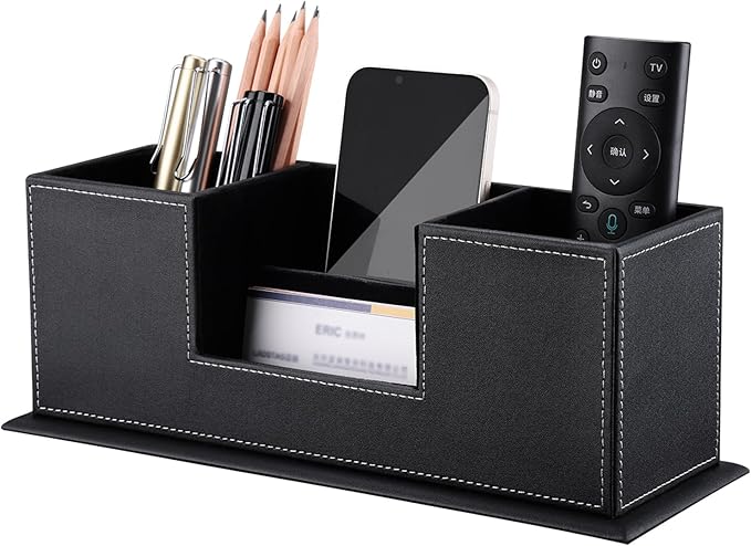 KINGFOM Office Supplies Desk Organizer PU Leather Storage Box 4 Divided Compartments for Pen Business Card Remote Control Mobile Phone Cosmetics Collection Holder (Black)