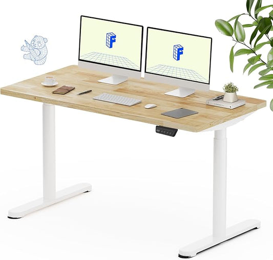 FLEXISPOT Solid Rubberwood Electric Standing Desk with Elegant Oval Legs, 55"x24" Height Adjustable Desk for Home Office & Living Spaces (White Frame)