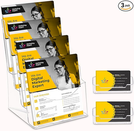 Acrylic Brochure Holder 8.5 x11”, 4 Tier Clear Literature Magazine Stand with Removable Divider for 4 x 9 Pamphlet Display Brochure with Business Card Holders- Wall Mount & Countertop