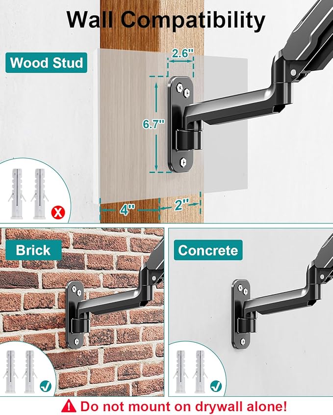 MOUNT PRO Single Monitor Wall Mount for 13 to 32 Inch Computer Screens, Height Adjustable Wall Mount Monitor Arm Holds Up to 19.8lbs, Full Motion Wall Bracket, VESA Mount 75x75, 100x100, Black