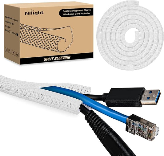 Nilight Cable Sleeve, 25ft-1/2inch Cord Management Sleeves, Braided Sleeving, Split Self Wrapping Wire Loom for Computer Electrical Automotive Harness Protector Organizer, White