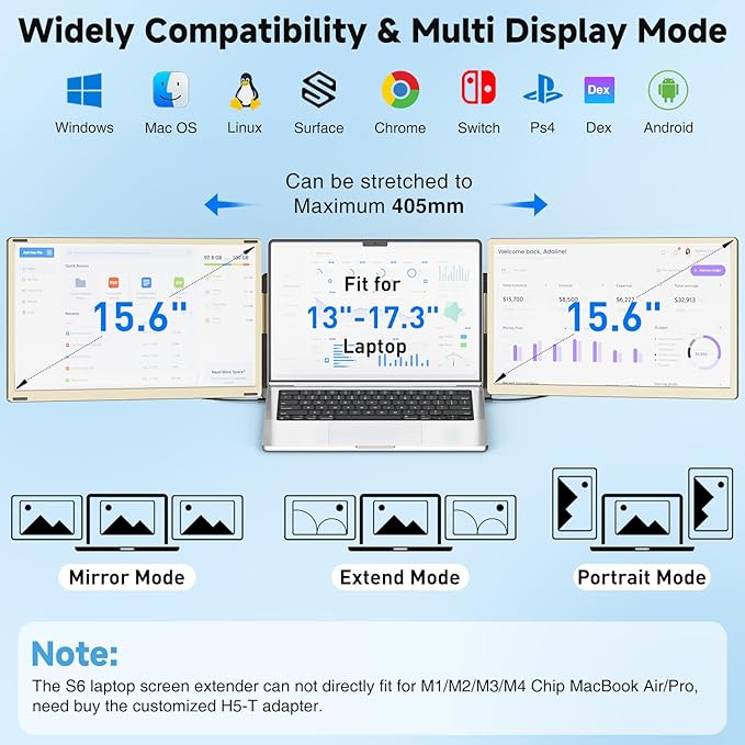 KEFEYA Laptop Screen Extender 15.6", FHD 1080P Portable Triple Monitor for Laptops 13-17.3", 120% sRGB 235° Rotation Detachable Laptop Monitor Extender for Windows/Mac/Dex/Chrome/Surface, Plug n Play