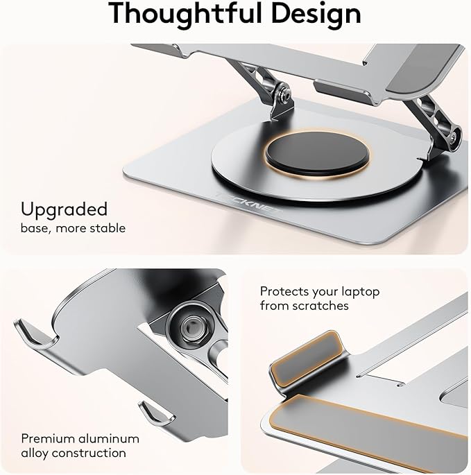 TECKNET Laptop Stand for Desk, 360 Rotating Base, Ergonomic Foldable Computer Stand for Laptop Riser Height Adjustable, Compatible with MacBook Pro, All Laptops 10-17" - Silver