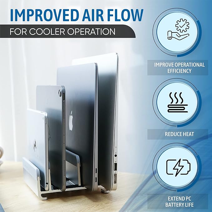 Elestoria 5- Slot Vertical Laptop Stand - Aluminum Laptop Stand Vertical for Desk - Adjustable Width (12-38mm) Fits MacBook Pro/Air, Surface & Gaming Laptops upto 17.3"-Heavy Duty Laptop Holder-Silver