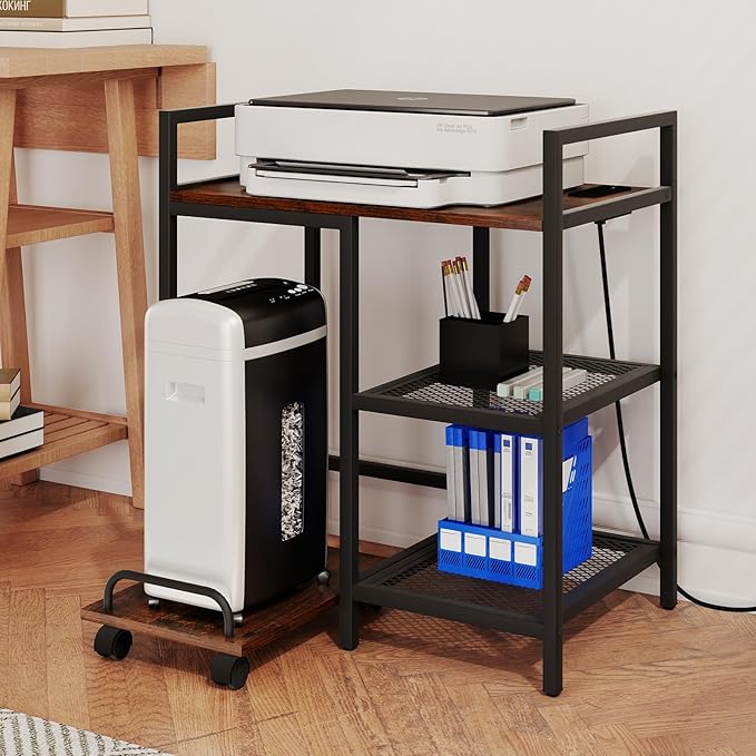 Giantex 3-Tier Printer Stand with Charging Station, 2 Open Storage Shelves, Side PC Stand on Wheels, 25" x 16" Mobile Printer Table for Computer Tower, Printer Shredder, Fax, Under Desk, Home Office