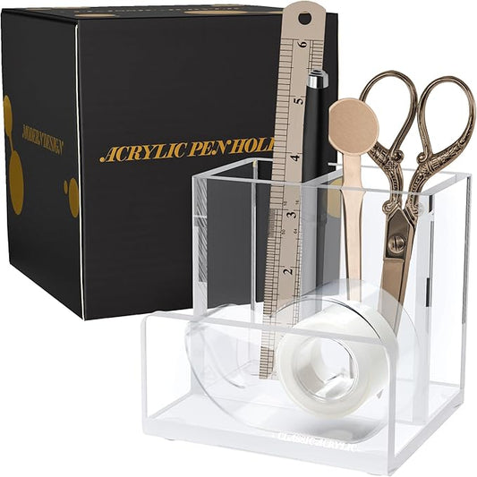 Pen Organizer for Desk-A Modern Desk Accessory w/a Removable Divider is Great as a Pen & Makeup Brush Holder-This Chic Acrylic Storage Stand Makes a Great Gift for Home/Work Space