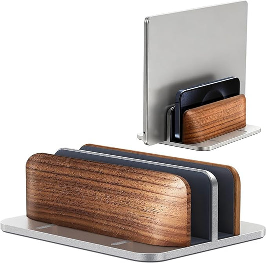 Vertical Laptop Stand, Walnut Dual Laptop Holder with Adjustable Aluminum Alloy Base Laptop Stand Compatible with All MacBok/Surface/Samsung/HP/Dell/Chrome Book (Silver)