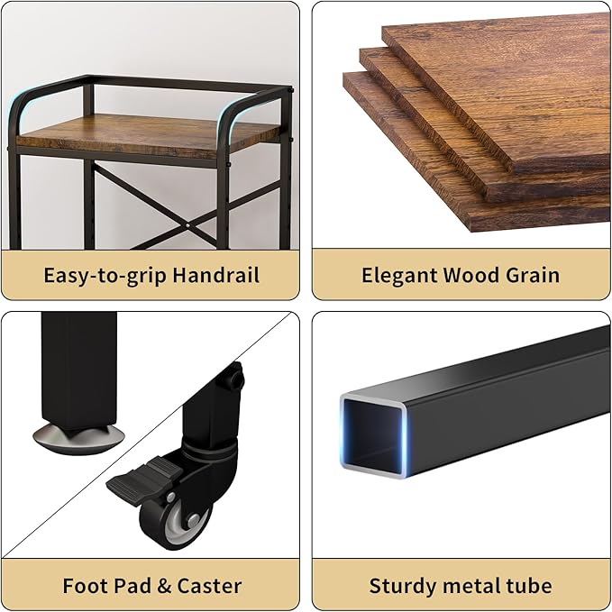 2 Tier Under Desk Printer Stand, Large Printer Table with Height Adjustable Shelf, Rolling Printer Cart with Industrial Wheels for Home Office, Scanner Fax (Rustic Brown)