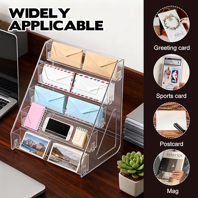 5-Tier Mail Organizer Countertop Laddered Acrylic File Mail Desktop Organizer Sorters Clear Letter Holder Multifunctional Desk File Storage Holders Envelope Folder Racks for Office Home School