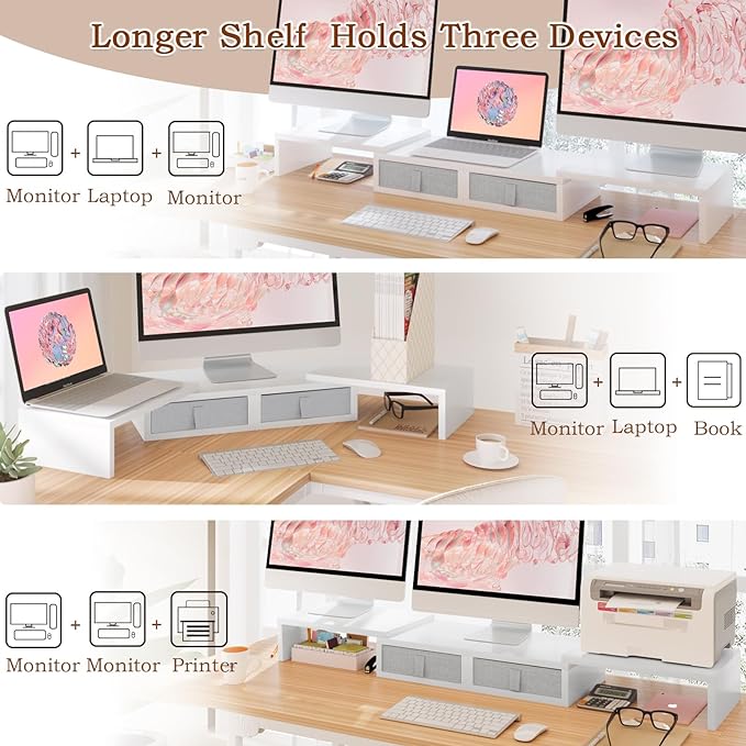 TEAMIX Dual Monitor Stand Riser - Length and Angle Adjustable White Monitor Stand with 2 Drawers to Storage Large Computer Riser for 2 Monitors/Laptop/PC, Wood Screen/TV Stand Desk Organizer (White)