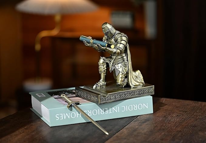 Medieval Templar Vanguard Officer Knight Pen Holder Pen Stand Desk Organizers and Accessories Resin Mobile Phone Stand as Gift for Office and Home Desk Organizer (Bronze)