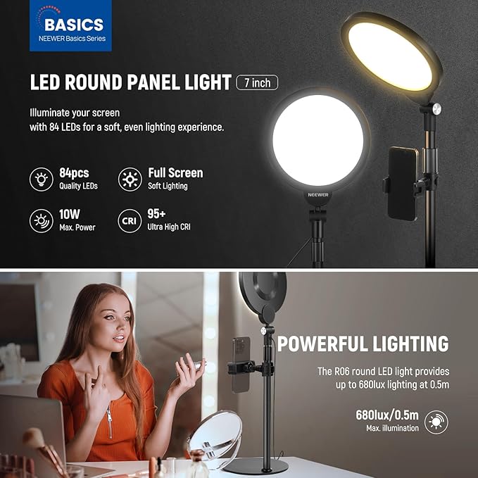 NEEWER Basics 2 Pack 7" Desktop Ring Lights for Video Recording, 10W Dimmable Full Screen Key Lighting with Desk Stands & Phone Holders for iPhone Computer Laptop Vlog Streaming Video Conference, R06