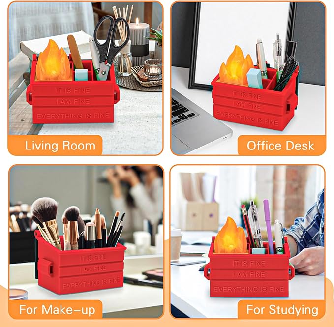 Dumpster Pencil Holder with Flame Light and Charging Port Dumpster Pen Holder Desk Accessories for Office Christmas Decor (Red, 1P)
