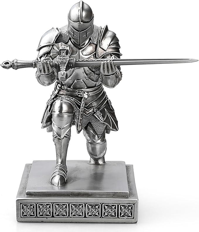 Medieval Armored Warrior Knight Pen Holder Desk Organizers and Accessories Resin Pencil Holder Paperweight as Gift with a Cool Letter Opener for Desk (Silver)