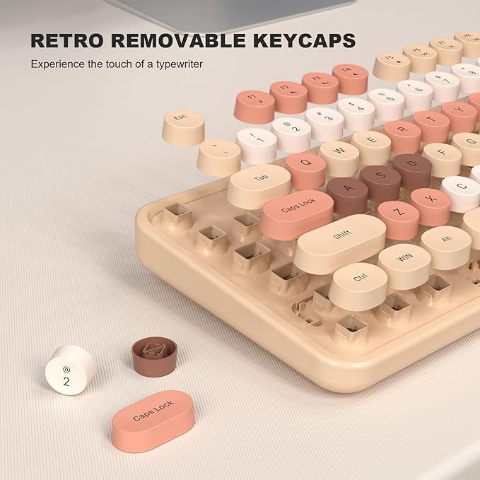 MOFII Wired Keyboard - Full Size USB Plug & Play, Colorful Retro Round Typewriter Keyboard with Foldable Stands for Windows PC Laptop (Milk Tea Colorful)