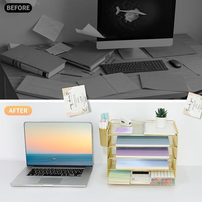 Desk Organizer and Accessories, 5-Tier Paper Letter Tray Organizer with Drawer & 2 Pen Holders for Desktop File Organization, Office Desk Accessories for Supplies Storage (Gold)