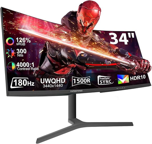 34 Inch Curved Monitor 180Hz, UWQHD 3440x1440p Ultrawide Gaming Monitor R1500 with Speaker, PIP/PBP, 4000:1 Contrast, sRGB126%, HDR, FreeSync & G-SYNC, 1ms(MPRT), HDMI/DP Port, Adjustable Stand, VESA