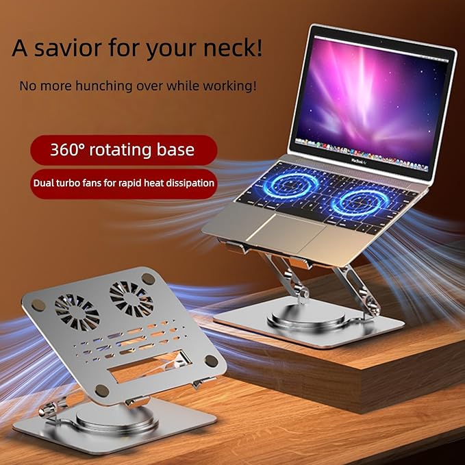 Adjustable Laptop Stand with 360° Rotating Base, Ergonomic Foldable Portable Riser Compatible with MacBook Pro Air, 10-16 Inch, Black (Black)