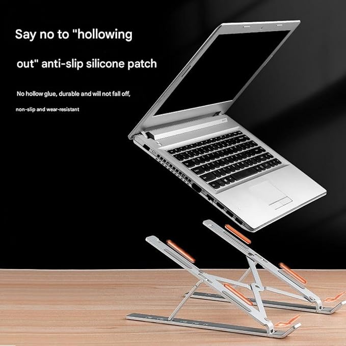 Portable Foldable Aluminum Alloy Tablet·Laptop Stand｜7 Levels of Lifting·Non-Slip and wear-Resistant·Ultra-Thin and Lightweight·Essential for Office·Home·Travel·Students (Silver,Plastic)