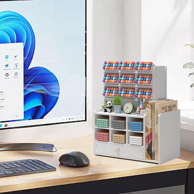 Pen organizer for desk,Marker organizer,Pen holder with drawer,Pencil Holder,with 15 Compartments and 1 Drawer, 1 File Holder Multi-Functional Desk Organizers (White)