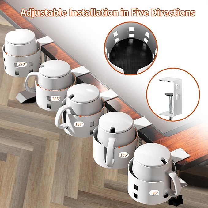 Upgraded Large Desk Cup Holder Clamp, Anti-Spill Cup Holder for Table, Durable 5 Adjustable Directions, Metal Office & PC Gaming Desk Accessories, Enough to Hold Coffee Cups, Water Bottles, White
