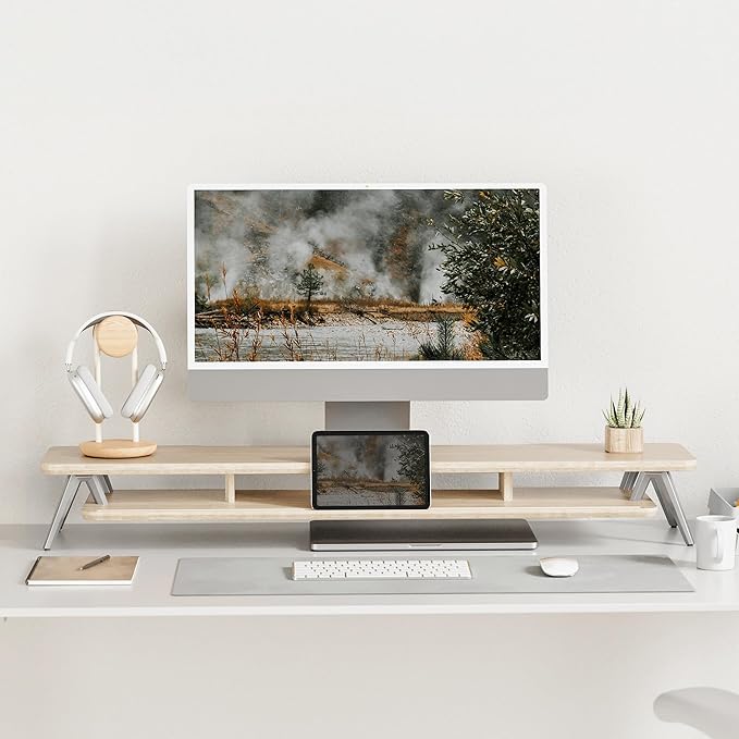 Fenge Dual Monitor Stand, Monitor Stands Riser for 2 monitors, 42.5 Inch Wood Desk Shelf with Storage Organizer and Cable Management for Office Desk Accessories