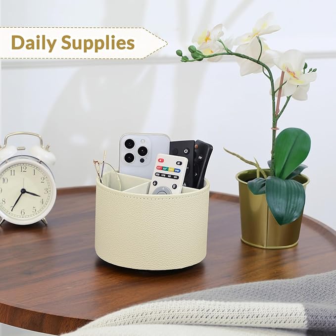 SKYDUE Rotating Pencil Pen Holder, PU Pen Organizer with 4 Slots - Desk Organizer and Accessories for School, Home, Office Supplies