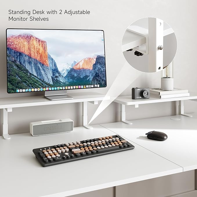 ONBRILL Standing Desk with 2 Adjustable Monitor Shelves, 71 x 24 Inches Electric Stand Up Desk with Memory Controller and Adjustable Height from 28-46 inches for Computer Workstations, White