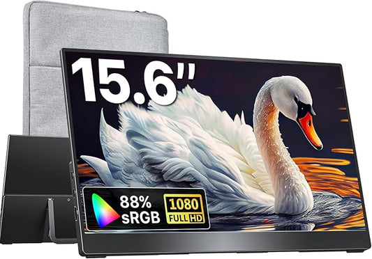 Portable Monitor 15.6 inch 1080P FHD 88% sRGB 60Hz, Travel Monitor for Laptop MacBook Surface PC Xbox PS5, HDMI Dual USB-C VESA Compatible Built-in Speaker, with Kickstand
