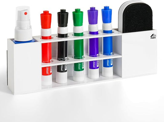 Slim Magnetic Dry Erase Marker Holder for Whiteboard, Space Saving Pen Organizer with Glass and Wall Mount Accessories for Fridge, Office, and School. Markers, Eraser, Cleaner Not Included (White)