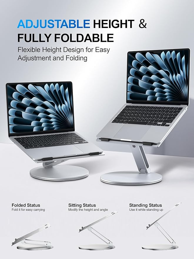 Laptop Stand for Desk, 360° Rotating & Height Adjustable Ergonomic Computer Riser with Aluminum Cooling Vents for 10-16" MacBook, Dell, Lenovo (Foldable, Portable for Office & Home) - Silver