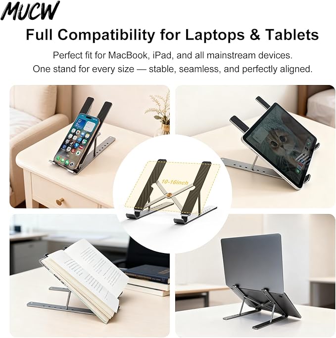 MX10 Pro Laptop Stand for Desk, Ergonomic 6-Level Adjustable Computer Stand, Foldable Portable Holder with Cooling Vent & Anti-Slip Pads