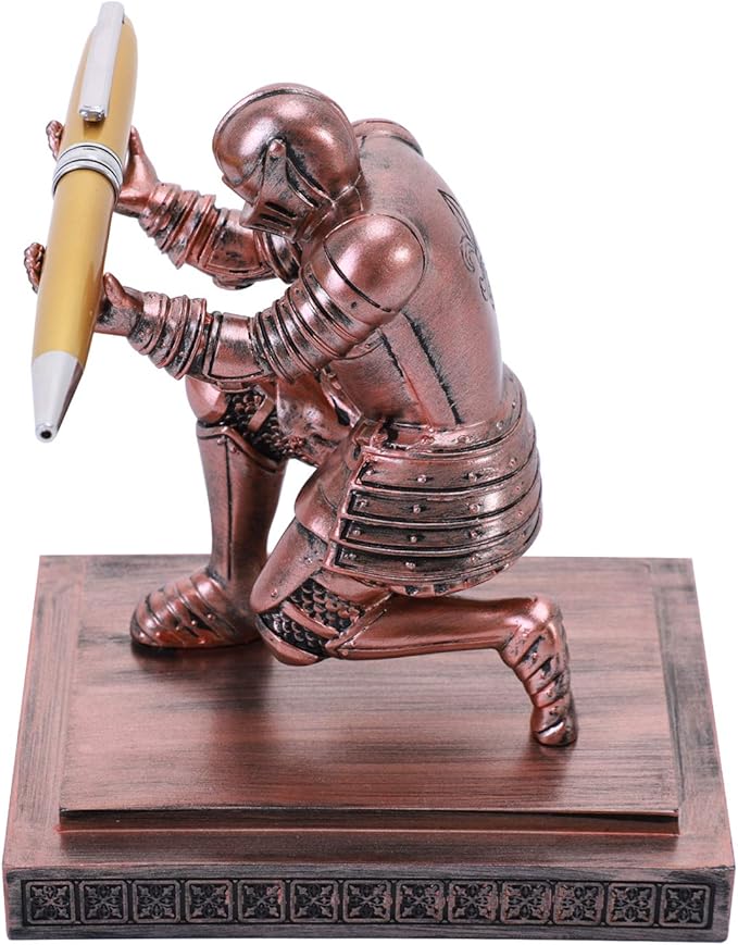 Knight Pen Holder Desk Ornament Resin Pencil Holders Desk Accessories and Organizer For Men with a Cool Pen (Bronze)