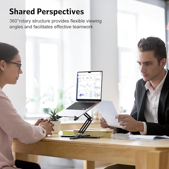 OMOTON 360° Rotating Laptop Stand Riser for Desk, Ergonomic Foldable Computer Stand Adjustable Height Angles for Collaborative Work, Easy Storage Fit Macbooks,All Laptops up to 16 inches, Black