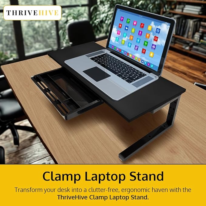 Ergonomic Clamp-On Laptop and Computer Monitor Riser Stand with Drawer, 21.6 x 9.8 inch - Black |Laptop Stand for Desk, Monitor Riser, Desk Organizer, Office Desk Home Workspace
