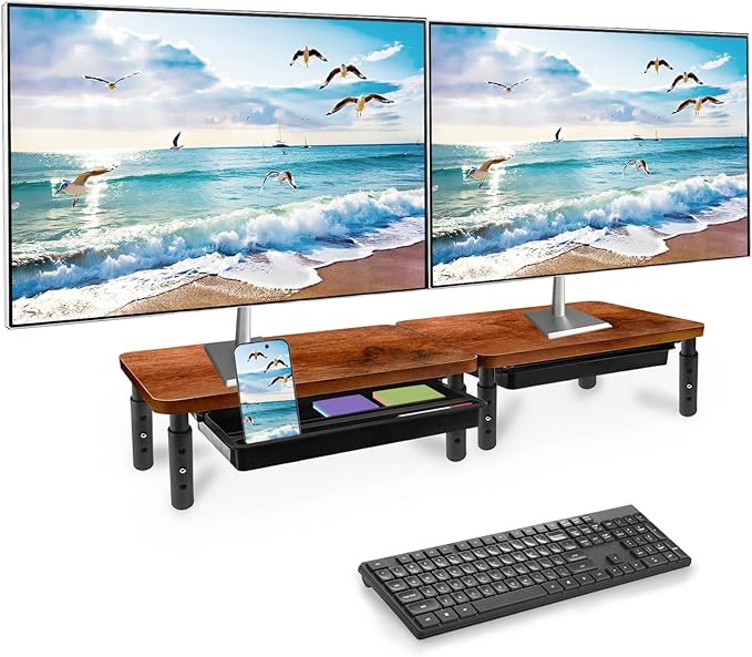 Monitor Stand, Rich Brown Monitor Riser, Monitor Stand for Desk, Stand Monitor, Solid Wood & Metal Computer Monitor Stand, Ergonomic TV Riser Block, 2 Pack, Rich Brown, 14.5 Inch