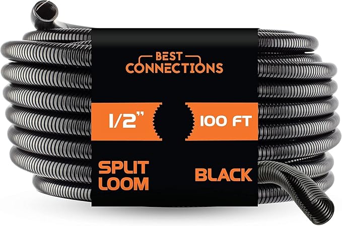 BEST CONNECTIONS Split Wire Loom Flex-Guard Convoluted Tubing Protective Split Cable Sleeves for Auto Home Industrial Electrical Wires Chemical Resistant Conduit Black (1/2" - 100ft)