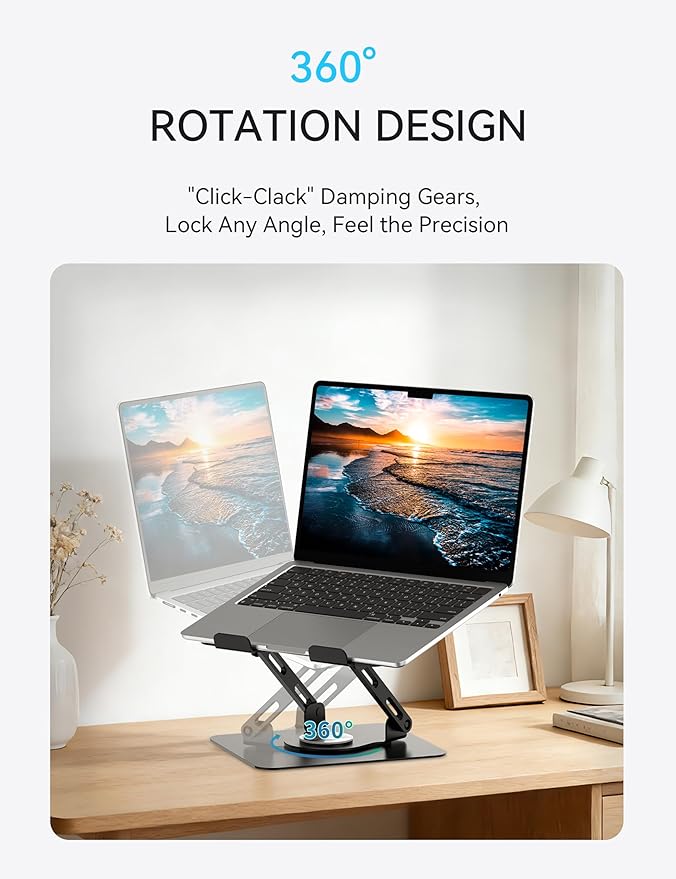 SOUNDANCE Laptop Stand with 360° Rotating Base, Ergonomic Computer Riser for Desk, Adjutable Height Muti-Angle, Foldable Laptop Mount, Stable Metal Holder Support 10-15.6" Notebook PC, Black