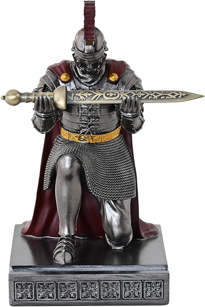 Roman Praetorian Prefect Warrior Knight Pen Holder Desk Ornament Resin Praetorian Guard Mobile Phone Stand Desk Accessories and Organizer for Office with a Letter Opener (Iron)