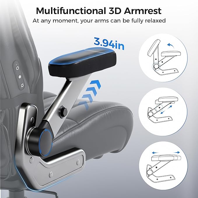 600LBS Big and Tall Massage Office Chair, Extra Wide Seat - 3D Kneading Massage & Heat Office Chair with Heavy Duty Metal Base, 3D Flip Arms, Leather Ergonomic with Thick Spring Cushion